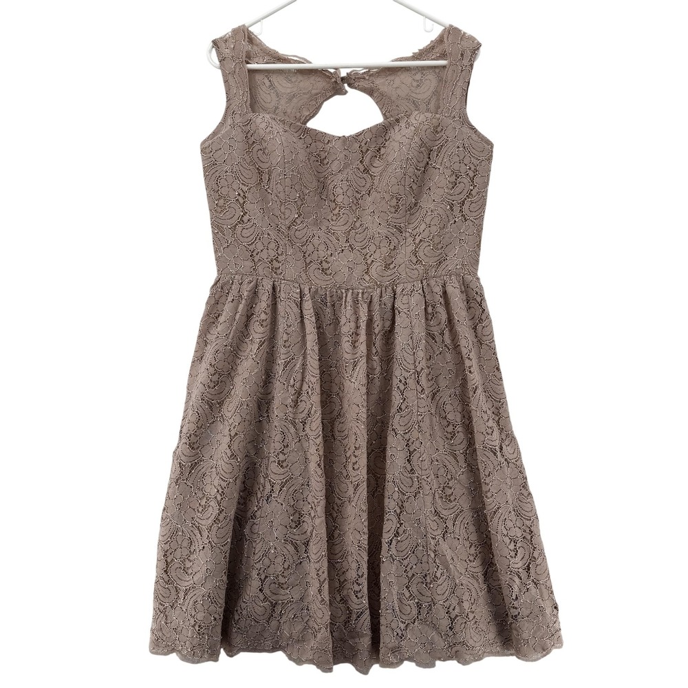 Watters & Watters Dress Womens 14 Taupe Lace Keyhole Back Fit & Flare Party USA